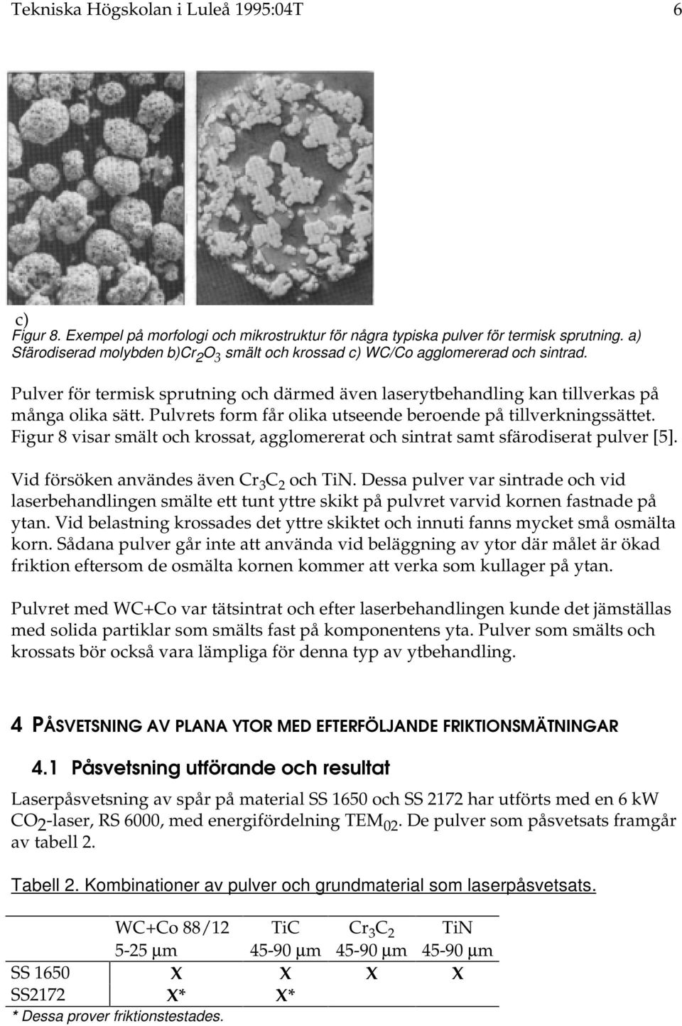 Pulvrets form får olika utseende beroende på tillverkningssättet. Figur 8 visar smält och krossat, agglomererat och sintrat samt sfärodiserat pulver [5]. Vid försöken användes även Cr 3 C 2 och TiN.