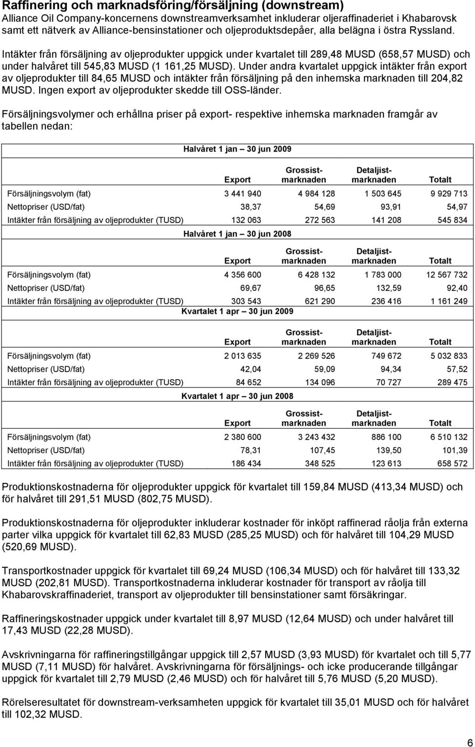 Intäkter från försäljning av oljeprodukter uppgick under kvartalet till 289,48 MUSD (658,57 MUSD) och under halvåret till 545,83 MUSD (1 161,25 MUSD).