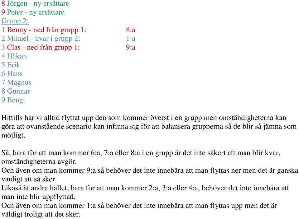 Så, bara för att man kommer 6:a, 7:a eller 8:a i en grupp är det inte säkert att man blir kvar, omständigheterna avgör.