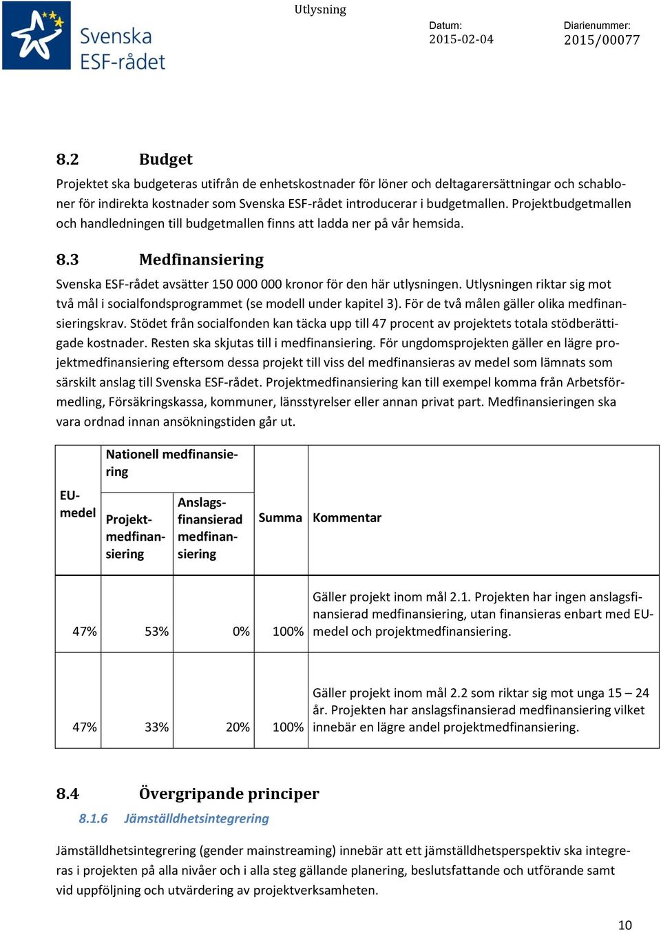 Utlysningen riktar sig mot två mål i socialfondsprogrammet (se modell under kapitel 3). För de två målen gäller olika medfinansieringskrav.