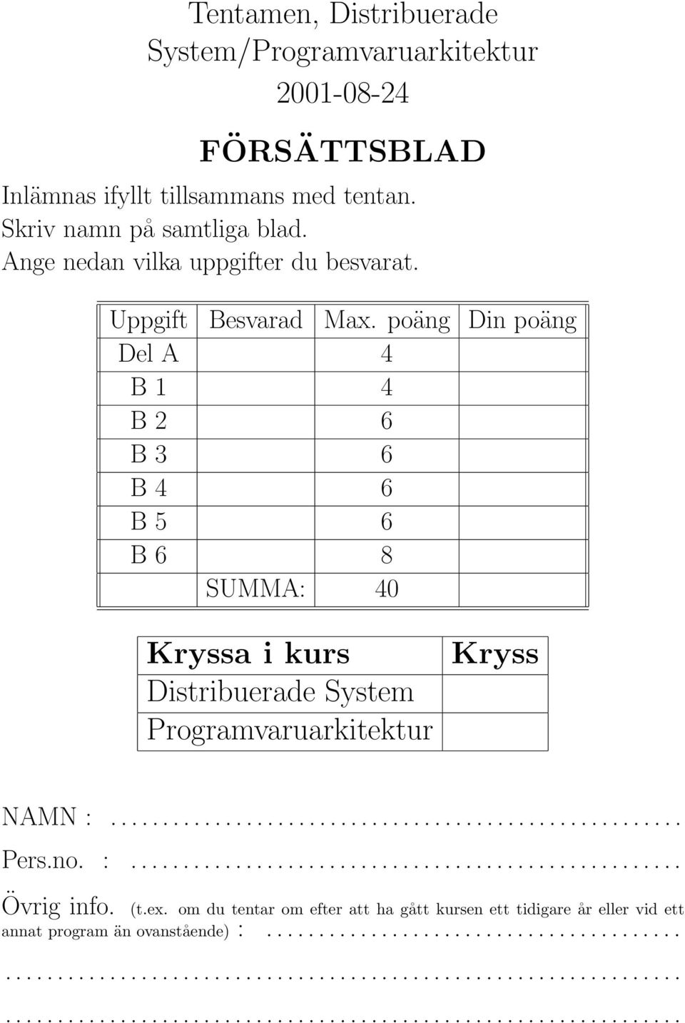 poäng Din poäng Del A 4 B 1 4 B 2 6 B 3 6 B 4 6 B 5 6 B 6 8 SUMMA: 40 Kryssa i kurs Distribuerade System Programvaruarkitektur Kryss NAMN :....................................................... Pers.