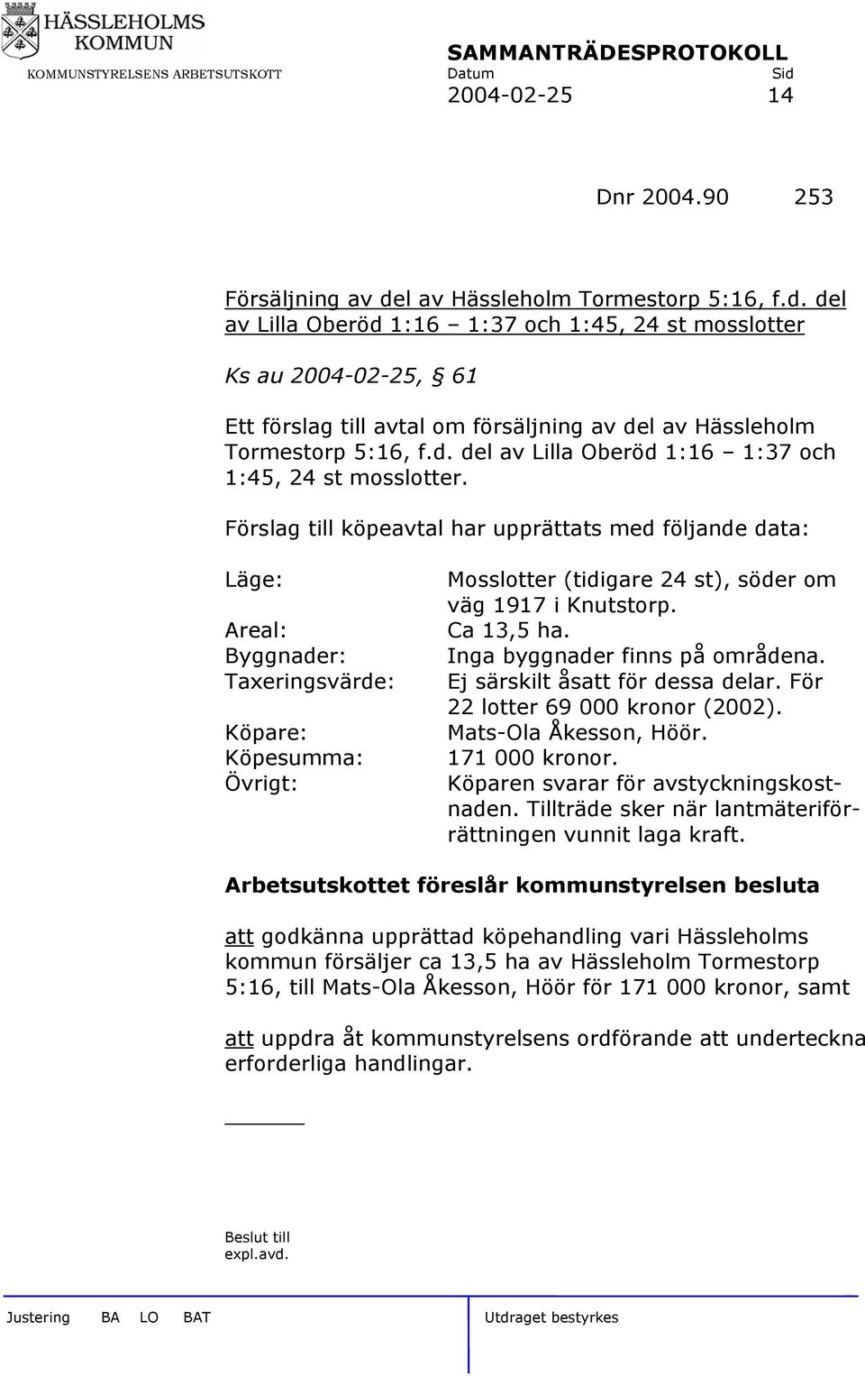 Ks au 2004-02-25, 61 Ett förslag till avtal om försäljning av del av Hässleholm Tormestorp 5:16, f.d. del av Lilla Oberöd 1:16 1:37 och 1:45, 24 st mosslotter.