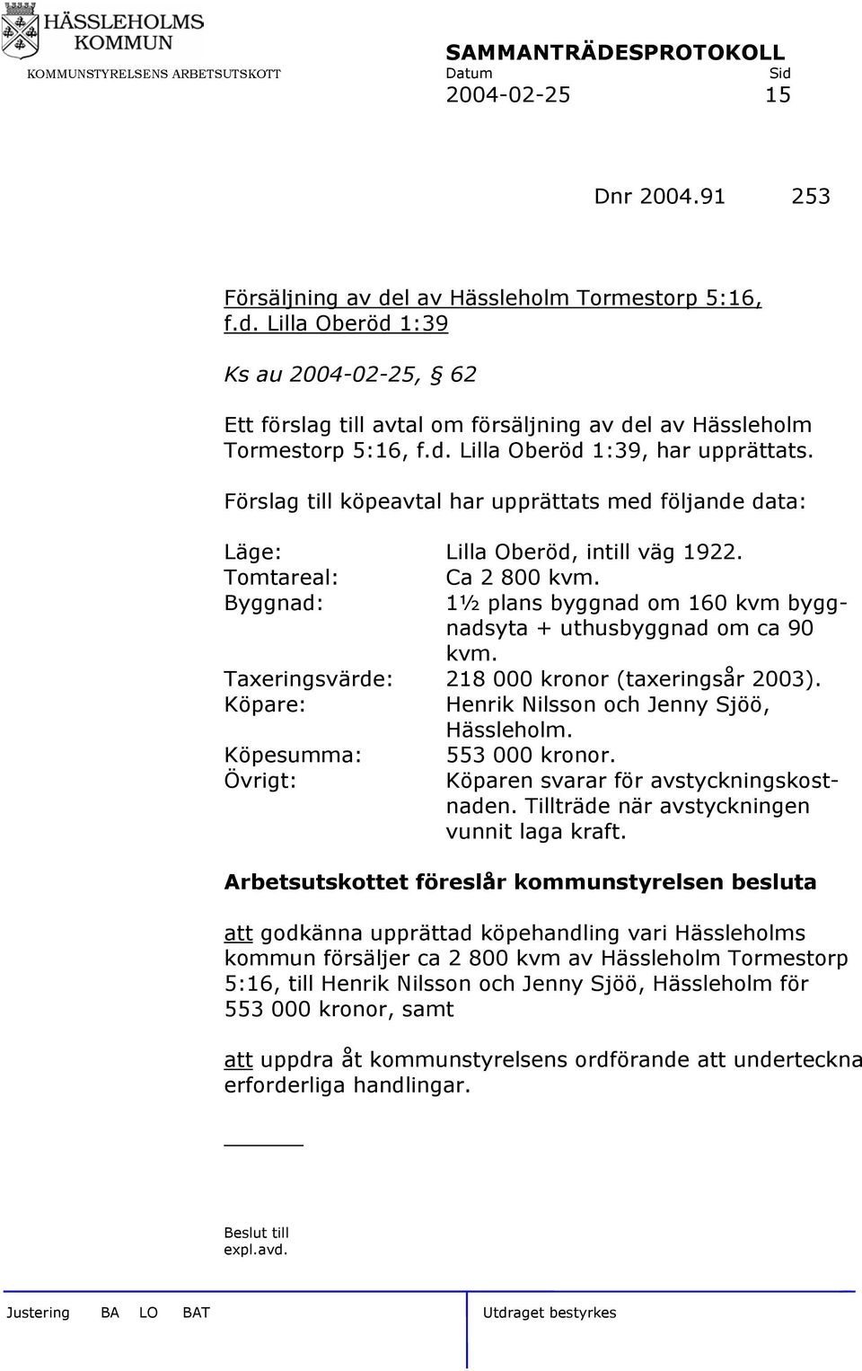 Byggnad: 1½ plans byggnad om 160 kvm byggnadsyta + uthusbyggnad om ca 90 kvm. Taxeringsvärde: 218 000 kronor (taxeringsår 2003). Köpare: Henrik Nilsson och Jenny Sjöö, Hässleholm.