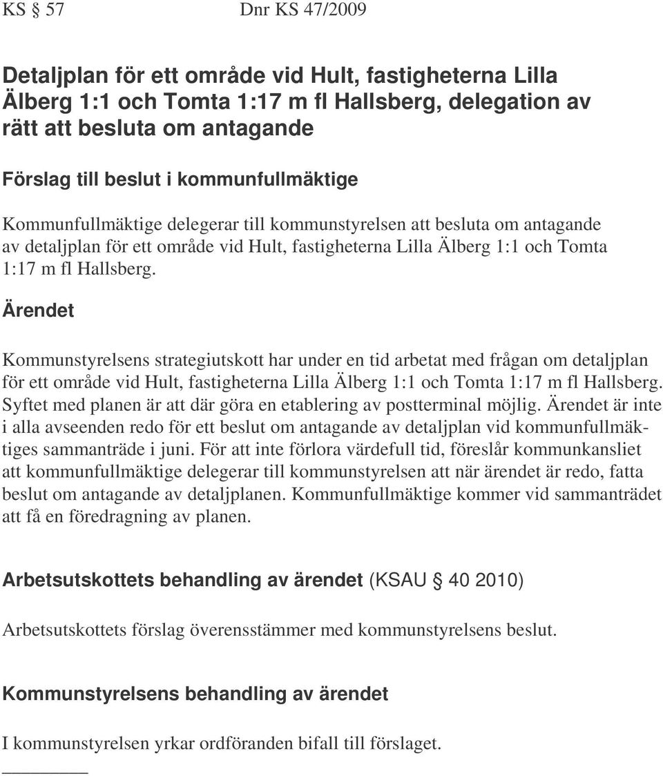 Kommunstyrelsens strategiutskott har under en tid arbetat med frågan om detaljplan för ett område vid Hult, fastigheterna Lilla Älberg 1:1 och Tomta 1:17 m fl Hallsberg.