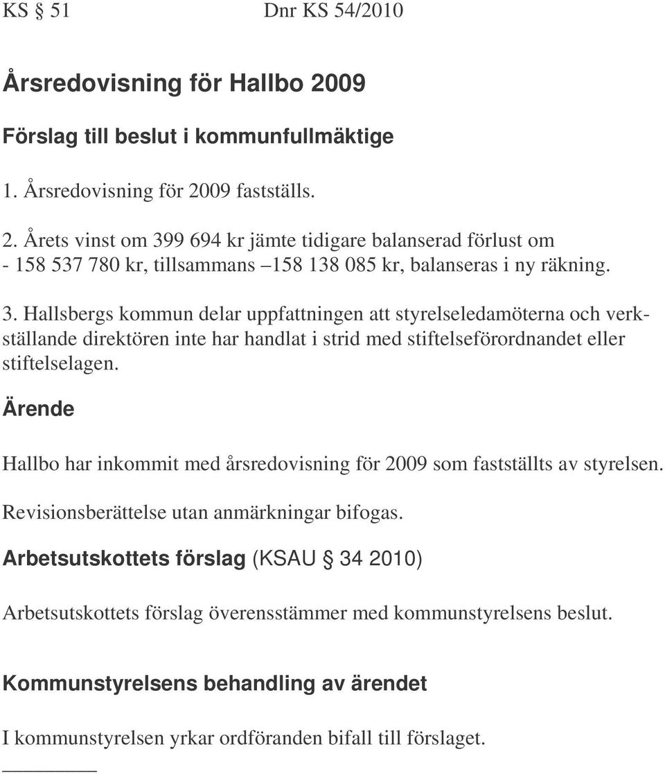 Ärende Hallbo har inkommit med årsredovisning för 2009 som fastställts av styrelsen. Revisionsberättelse utan anmärkningar bifogas.