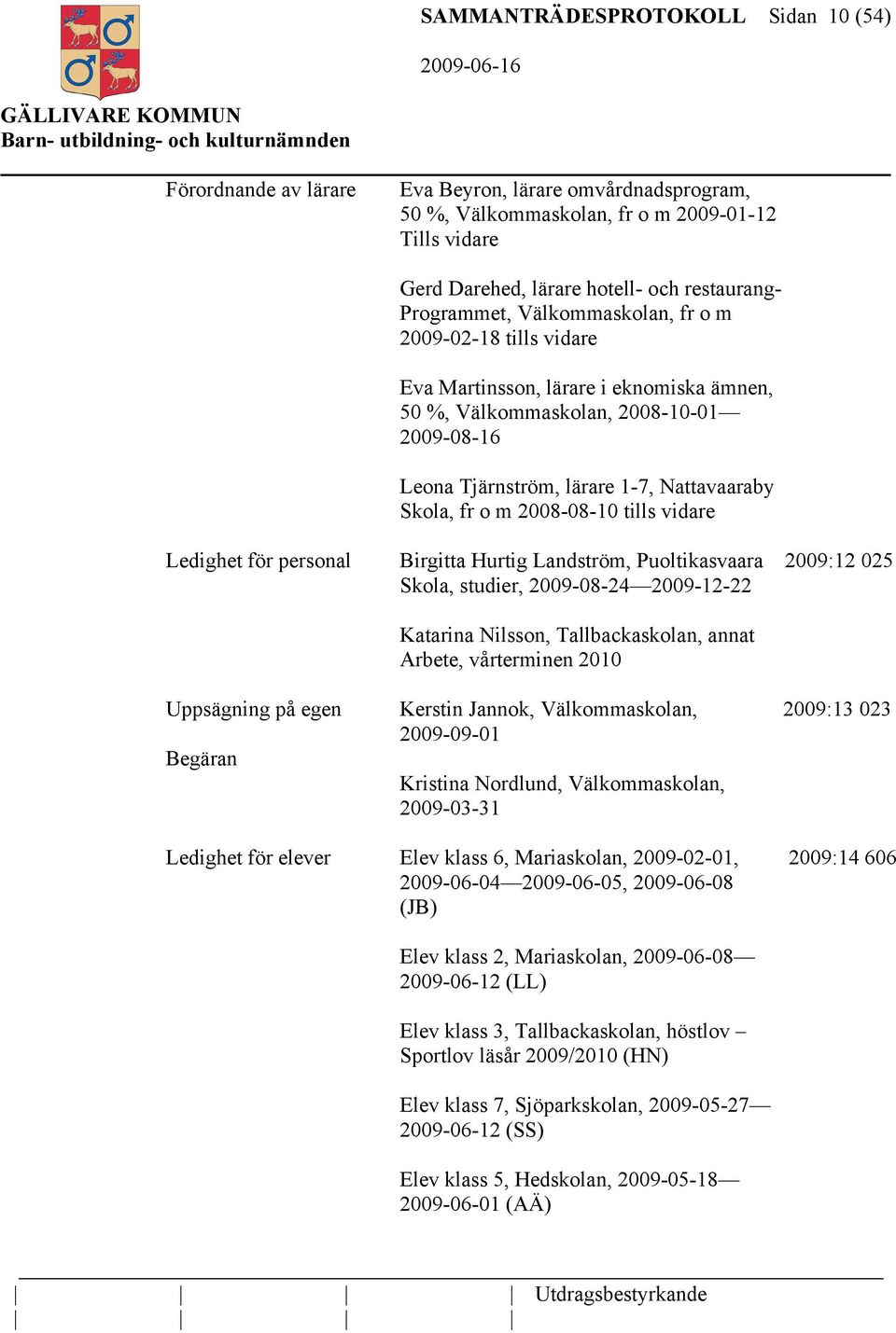 m 2008-08-10 tills vidare Ledighet för personal Birgitta Hurtig Landström, Puoltikasvaara 2009:12 025 Skola, studier, 2009-08-24 2009-12-22 Katarina Nilsson, Tallbackaskolan, annat Arbete,