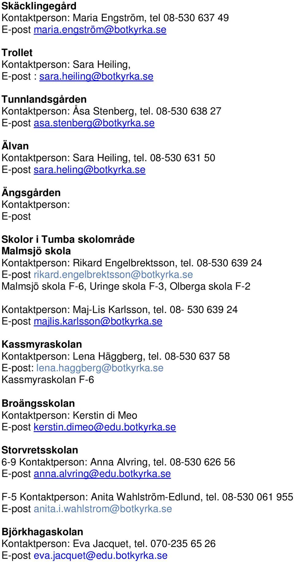 se Ängsgården Kontaktperson: Skolor i Tumba skolområde Malmsjö skola Kontaktperson: Rikard Engelbrektsson, tel. 08-530 639 24 rikard.engelbrektsson@botkyrka.