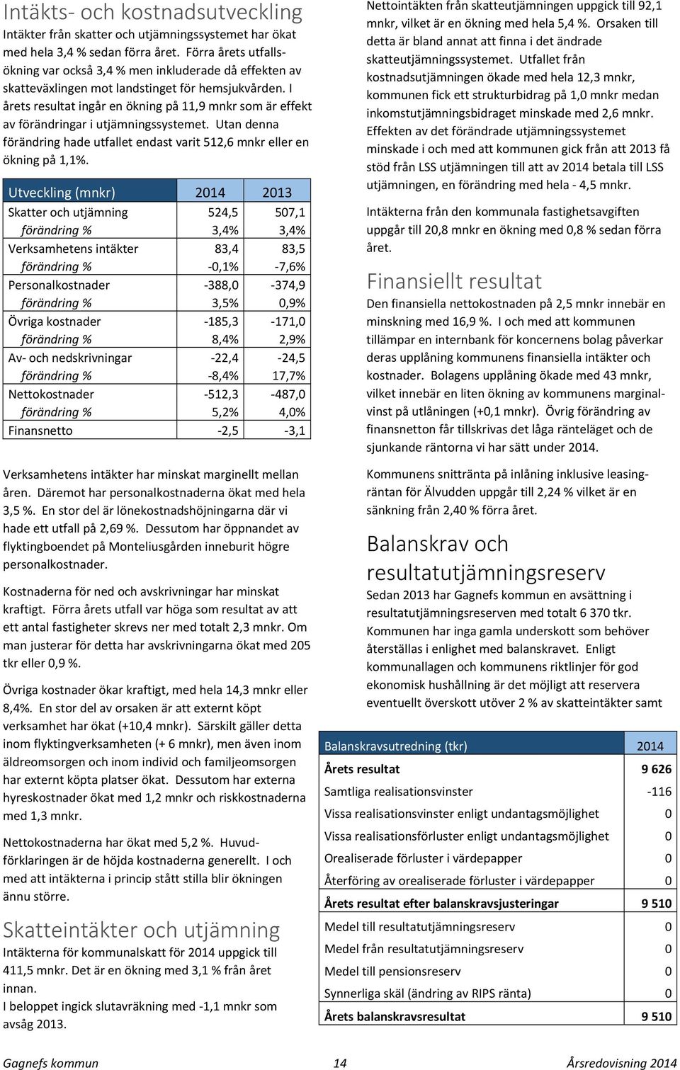 I årets resultat ingår en ökning på 11,9 mnkr som är effekt av förändringar i utjämningssystemet. Utan denna förändring hade utfallet endast varit 512,6 mnkr eller en ökning på 1,1%.