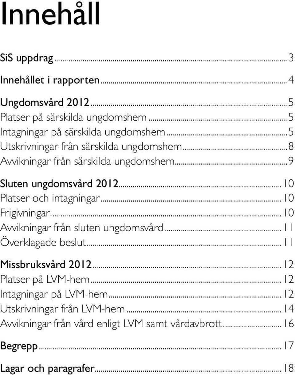 ..10 Frigivningar...10 Avvikningar från sluten ungdomsvård...11 Överklagade beslut...11 Missbruksvård 2012...12 Platser på LVM-hem.