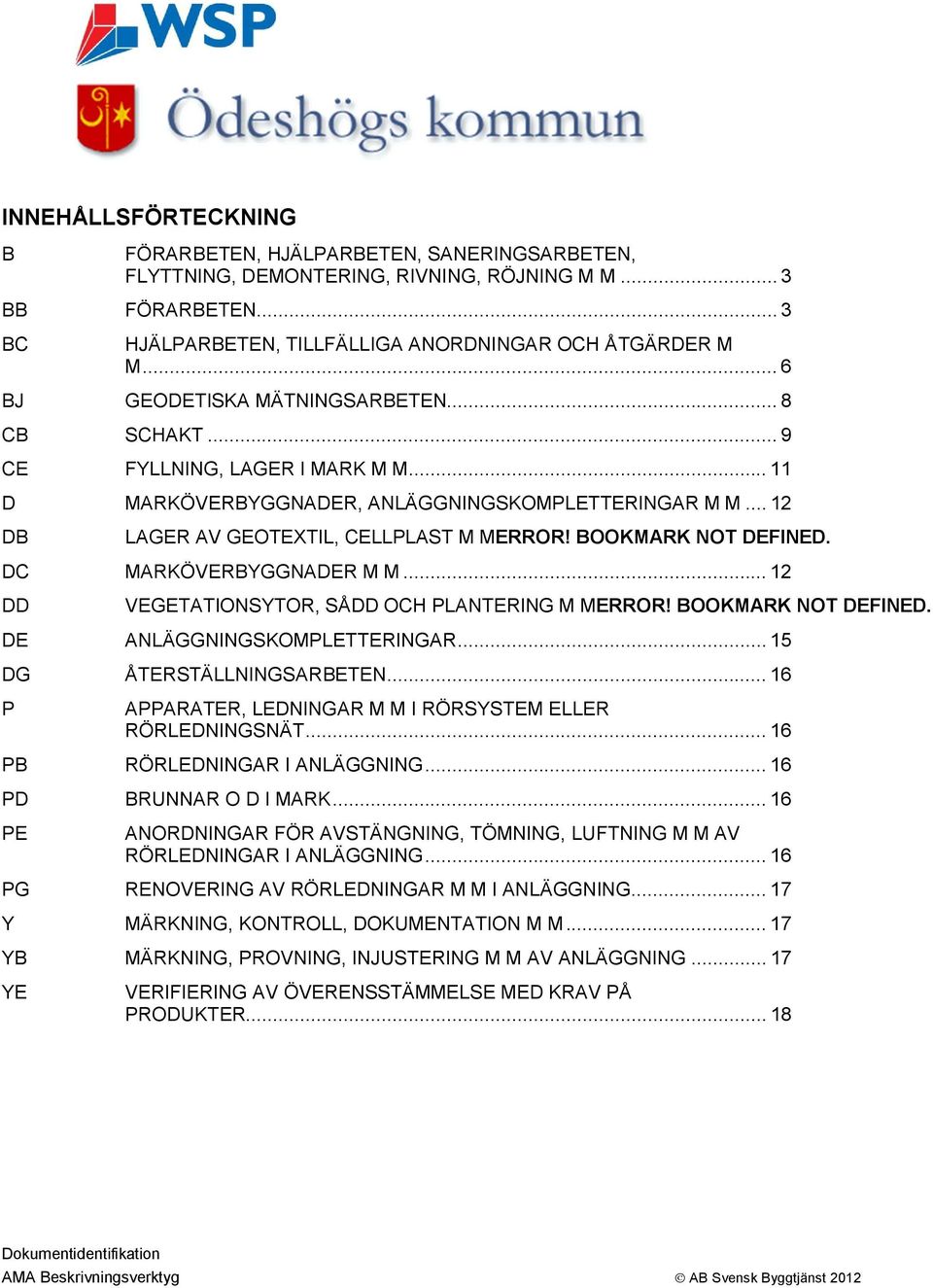 OOKMARK NOT DEFINED. DC MARKÖVERYGGNADER M M... 12 DD VEGETATIONSYTOR, SÅDD OCH PLANTERING M MERROR! OOKMARK NOT DEFINED. DE ANLÄGGNINGSKOMPLETTERINGAR... 15 DG ÅTERSTÄLLNINGSARETEN.