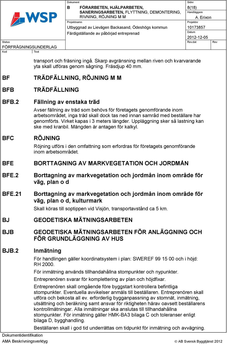 21 J J TRÄDFÄLLNING, RÖJNING M M TRÄDFÄLLNING Fällning av enstaka träd Avser fällning av träd som behövs för företagets genomförande inom arbetsområdet, inga träd skall dock tas ned innan samråd med