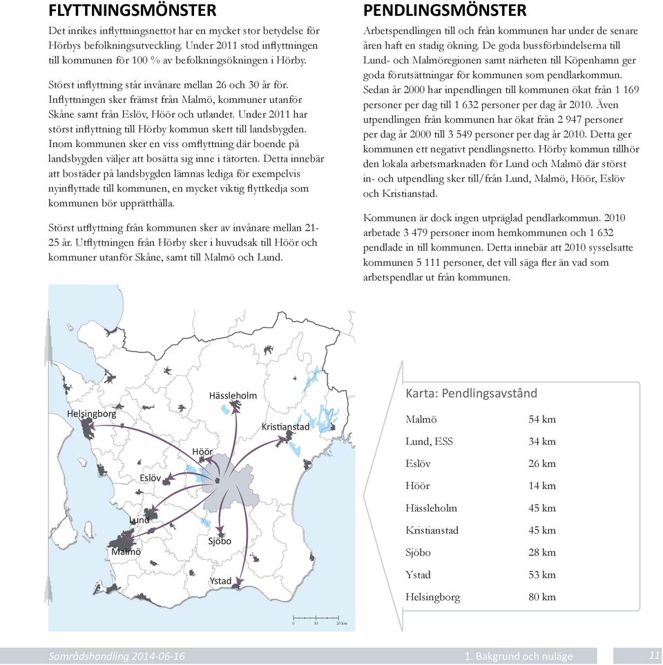 Under 2011 har störst inflyttning till Hörby kommun skett till landsbygden. Inom kommunen sker en viss omflyttning där boende på landsbygden väljer att bosätta sig inne i tätorten.