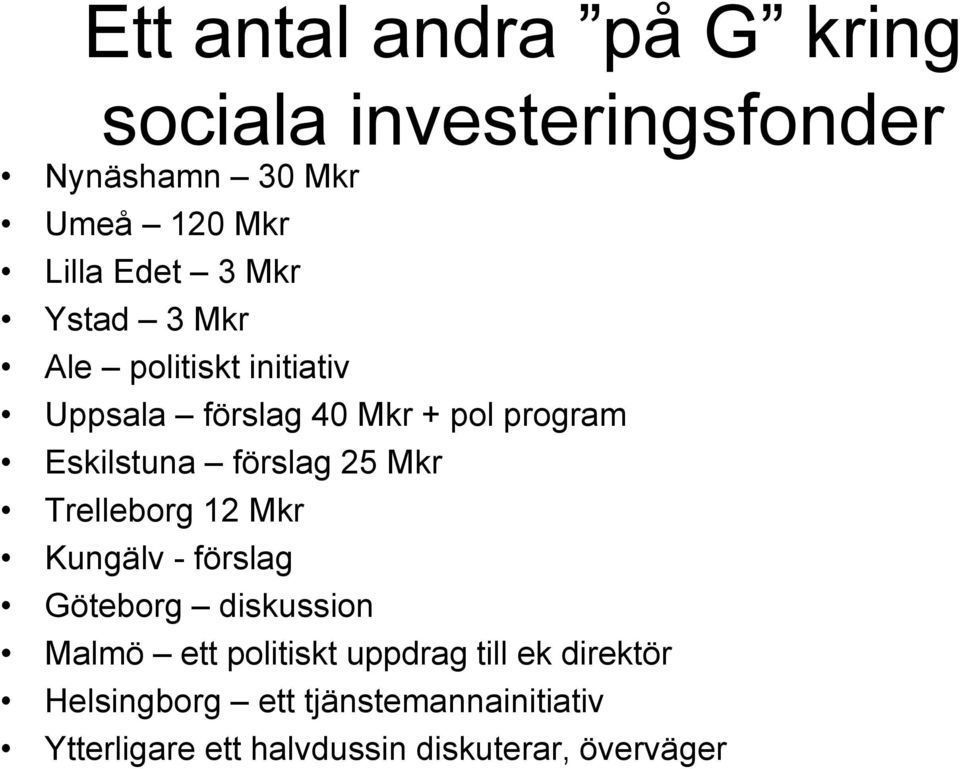 25 Mkr Trelleborg 12 Mkr Kungälv - förslag Göteborg diskussion Malmö ett politiskt uppdrag till