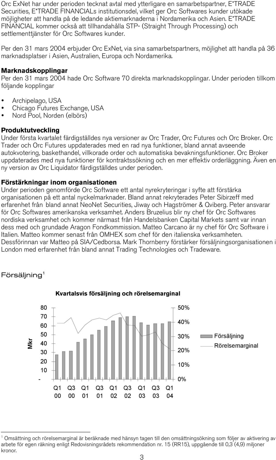 Per den 31 mars 2004 erbjuder Orc ExNet, via sina samarbetspartners, möjlighet att handla på 36 marknadsplatser i Asien, Australien, Europa och Nordamerika.