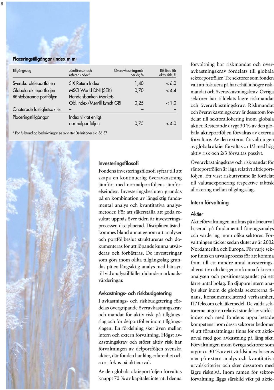 Index/Merrill Lynch GBI 0,25 < 1,0 Onoterade fastighetsaktier Placeringstillgångar Index viktat enligt normalportföljen 0,75 < 4,0 * För fullständiga beskrivningar se avsnittet Definitioner sid 36-37