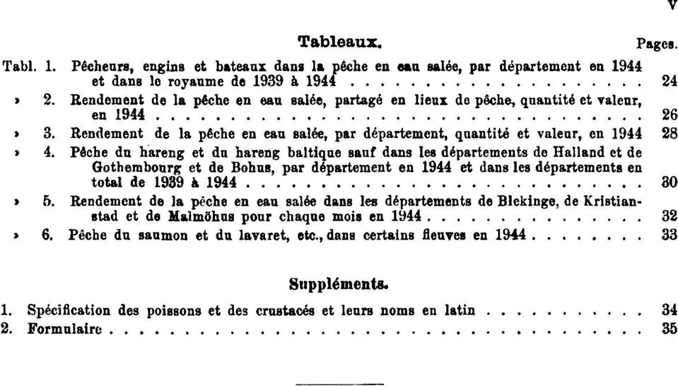 Rendement de la pêche en eau salée, par département, quantité et valeur, en 1944 28 Tabl. 4.