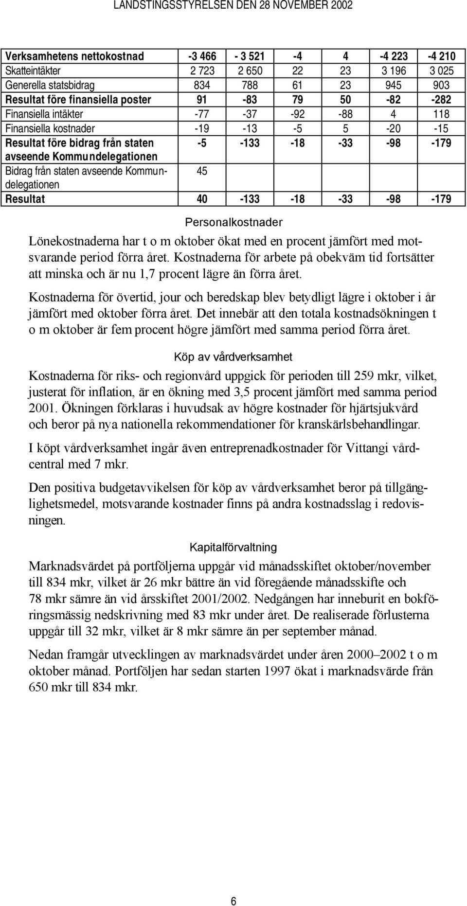 Kommundelegationen 45 Resultat 40-133 -18-33 -98-179 Personalkostnader Lönekostnaderna har t o m oktober ökat med en procent jämfört med motsvarande period förra året.