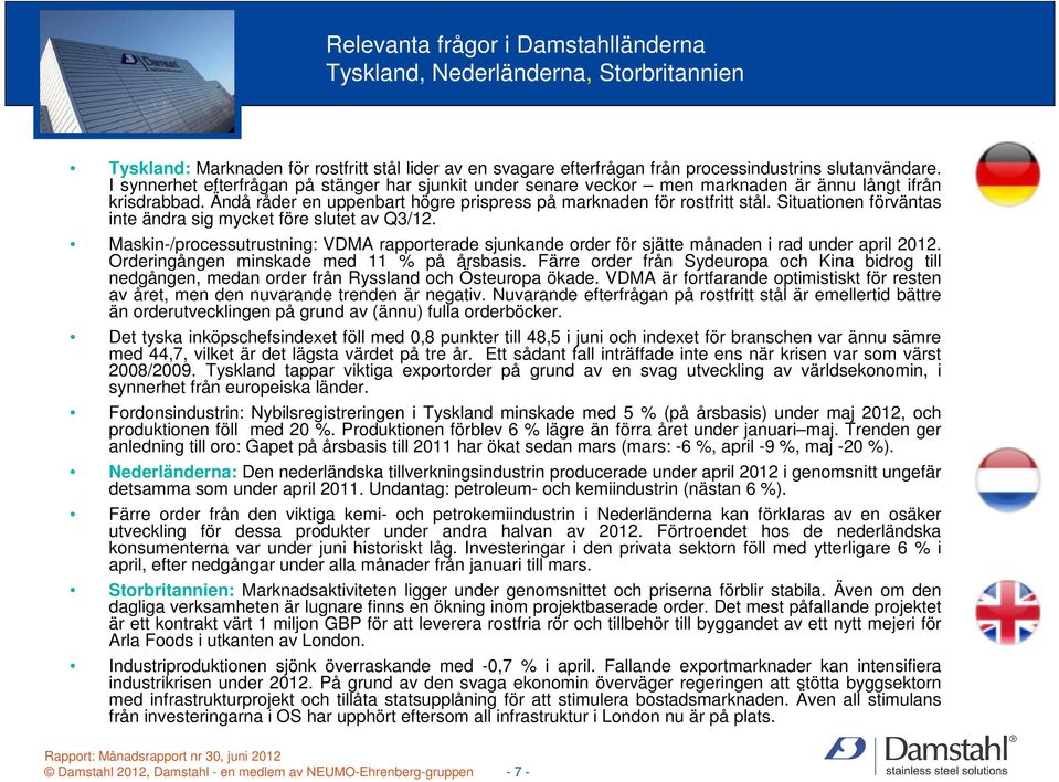 Situationen förväntas inte ändra sig mycket före slutet av Q3/12. Maskin-/processutrustning: VDMA rapporterade sjunkande order för sjätte månaden i rad under april 2012.