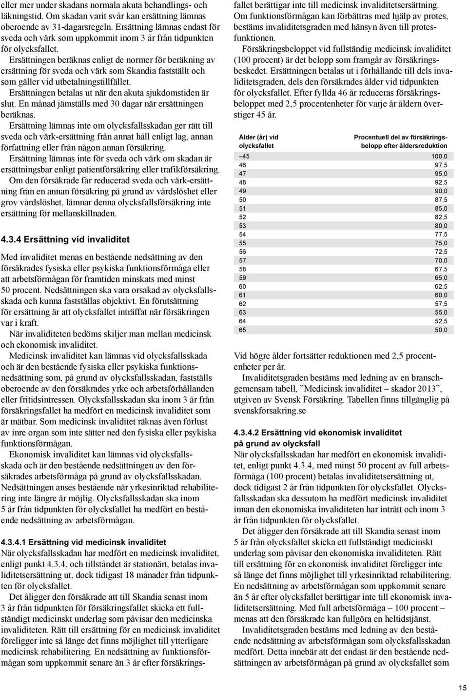 Ersättningen beräknas enligt de normer för beräkning av ersättning för sveda och värk som Skandia fastställt och som gäller vid utbetalningstillfället.