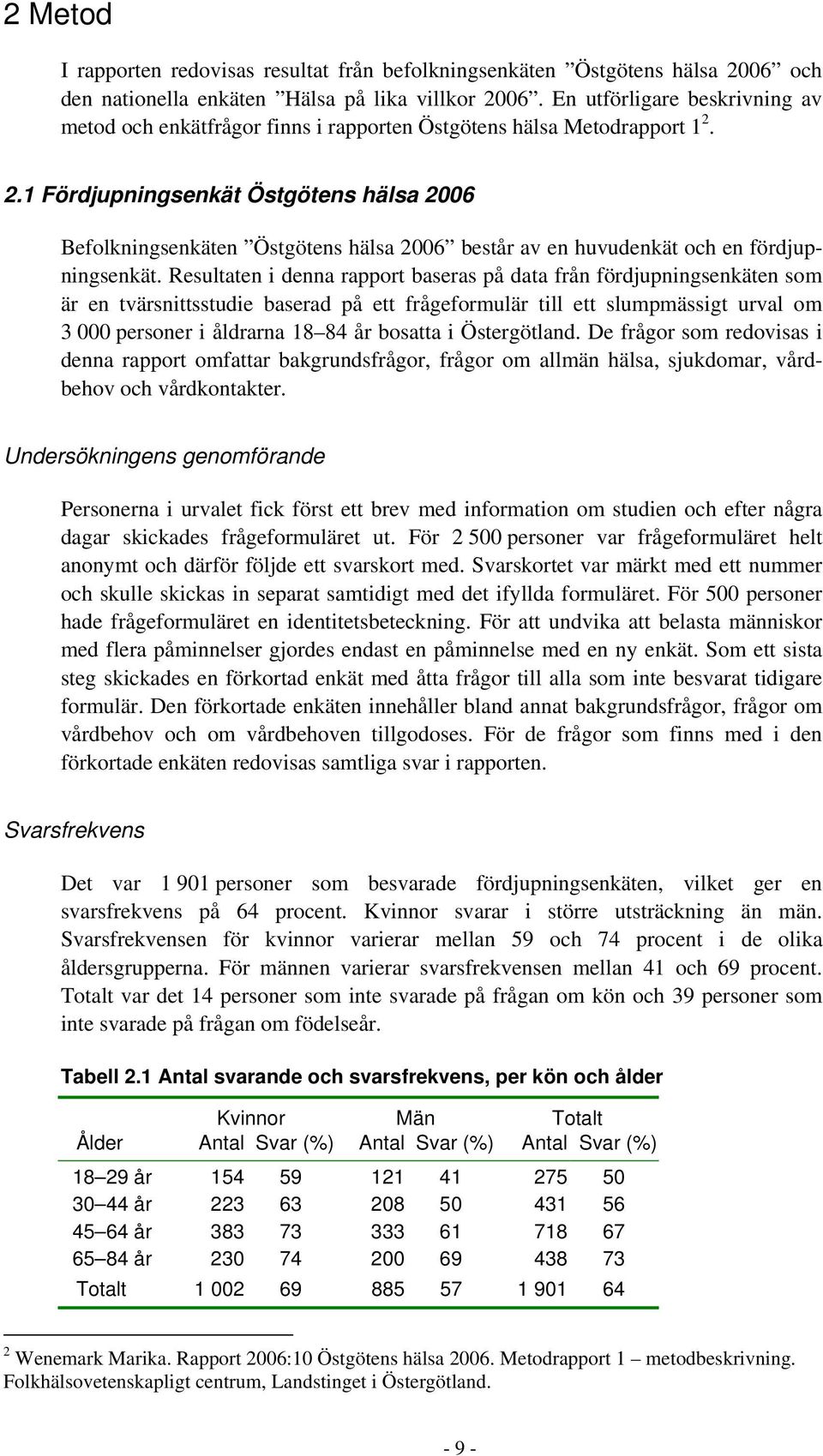 2.1 Fördjupningsenkät Östgötens hälsa 2006 Befolkningsenkäten Östgötens hälsa 2006 består av en huvudenkät och en fördjupningsenkät.