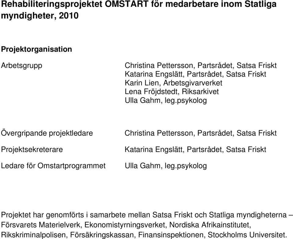 psykolog Övergripande projektledare Projektsekreterare Ledare för Omstartprogrammet Christina Pettersson, Partsrådet, Satsa Friskt Katarina Engslätt, Partsrådet, Satsa Friskt Ulla