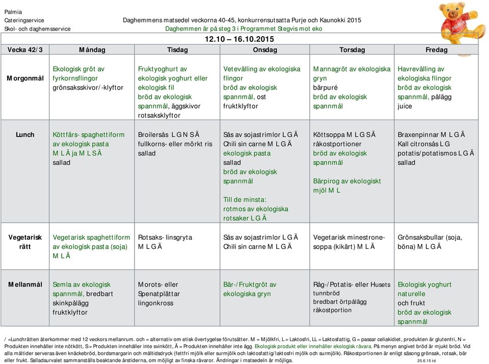 2015 Vecka 42/3 Måndag Tisdag Onsdag Torsdag Fredag fyrkorns /-klyftor Fruktyoghurt av ekologisk yoghurt eller ekologisk fil, äggskivor Vetevälling av ekologiska, ost Mannagröt av ekologiska