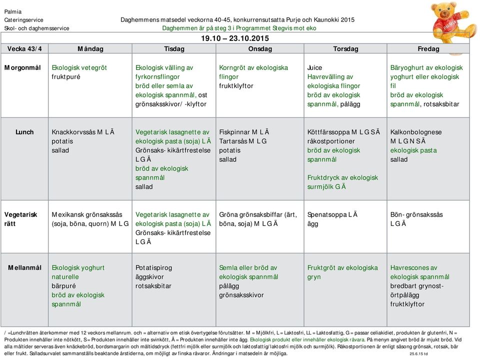 2015 Vecka 43/4 Måndag Tisdag Onsdag Torsdag Fredag Ekologisk vetegröt fruktpuré Ekologisk välling av fyrkorns bröd eller semla av ekologisk, ost / -klyftor Korngröt av ekologiska Juice Havrevälling