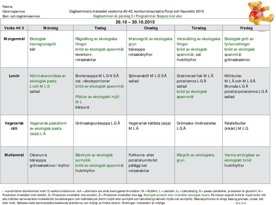 2015 Vecka 44/5 Måndag Tisdag Onsdag Torsdag Fredag Ekologisk havresgröt bär Rågvälling av ekologiska leverkorv Mannagröt av ekologiska bärsoppa Vetevälling av ekologiska, ost fyrkorns