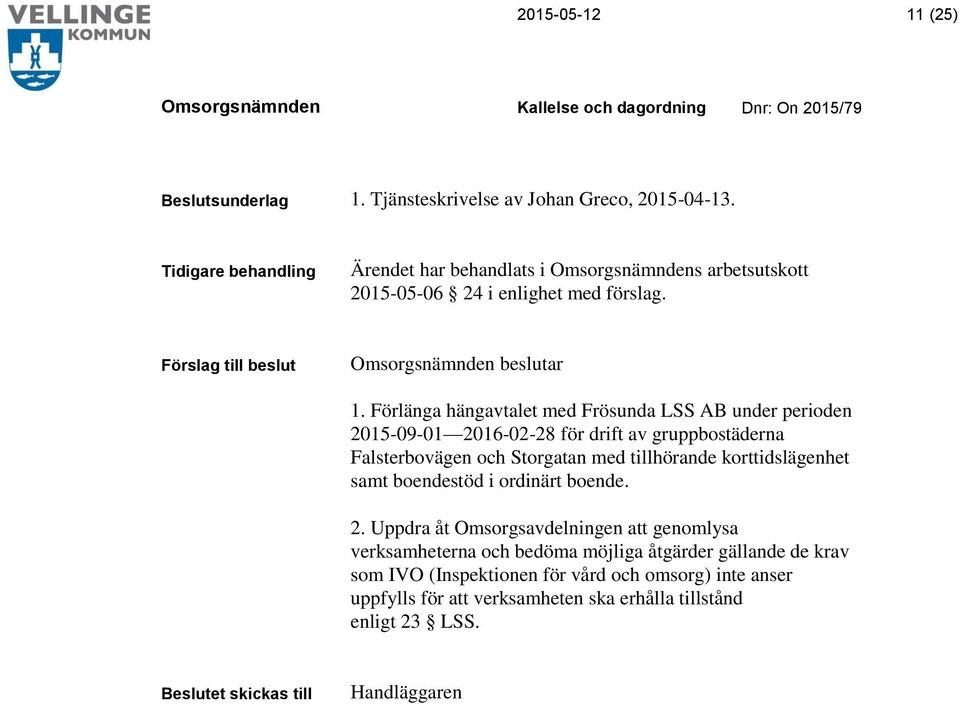 Förlänga hängavtalet med Frösunda LSS AB under perioden 2015-09-01 2016-02-28 för drift av gruppbostäderna Falsterbovägen och Storgatan med tillhörande