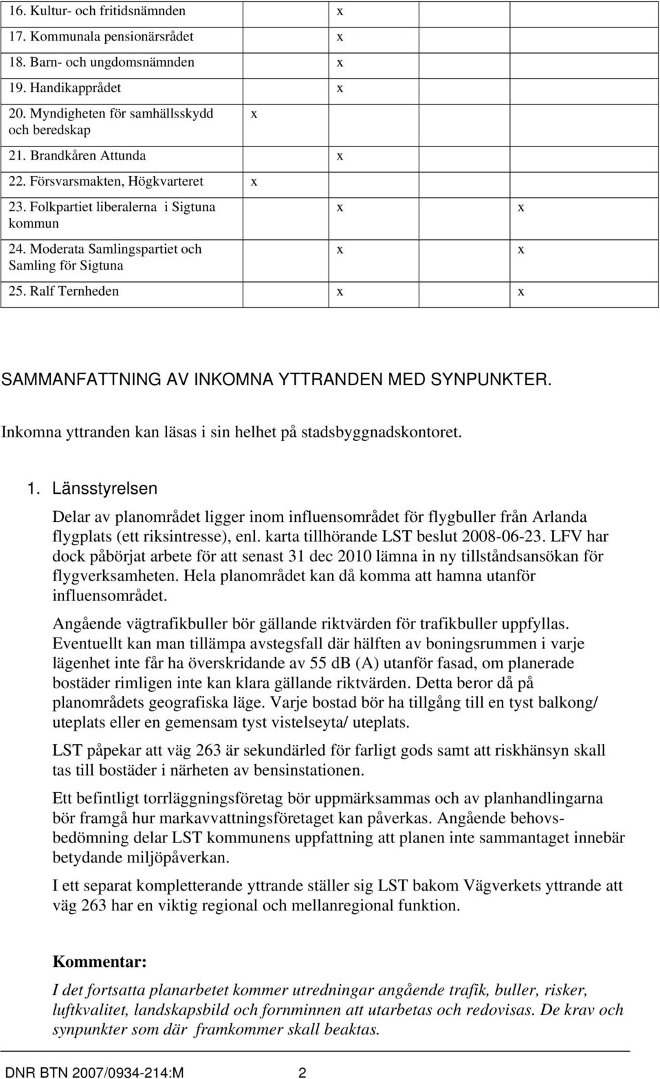 Inkomna yttranden kan läsas i sin helhet på stadsbyggnadskontoret. 1. Länsstyrelsen Delar av planområdet ligger inom influensområdet för flygbuller från Arlanda flygplats (ett riksintresse), enl.