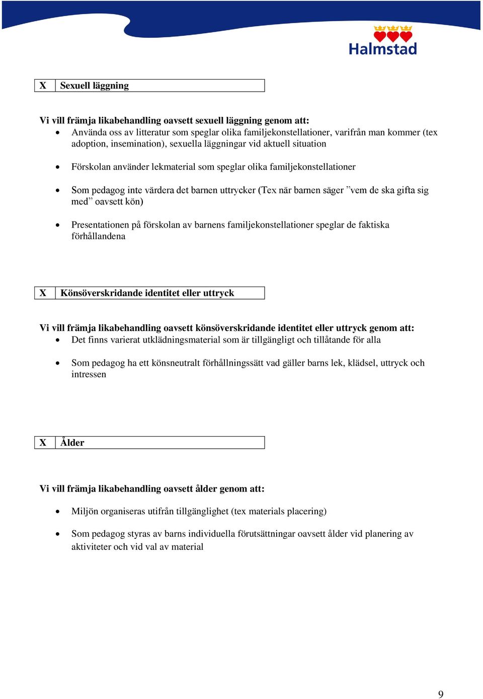 vem de ska gifta sig med oavsett kön) Presentationen på förskolan av barnens familjekonstellationer speglar de faktiska förhållandena X Könsöverskridande identitet eller uttryck Vi vill främja