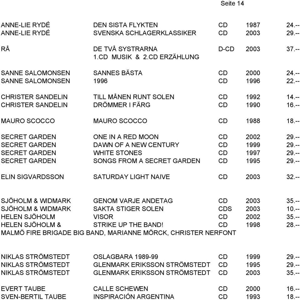 -- MAURO SCOCCO MAURO SCOCCO CD 1988 18.-- SECRET GARDEN ONE IN A RED MOON CD 2002 29.-- SECRET GARDEN DAWN OF A NEW CENTURY CD 1999 29.-- SECRET GARDEN WHITE STONES CD 1997 29.
