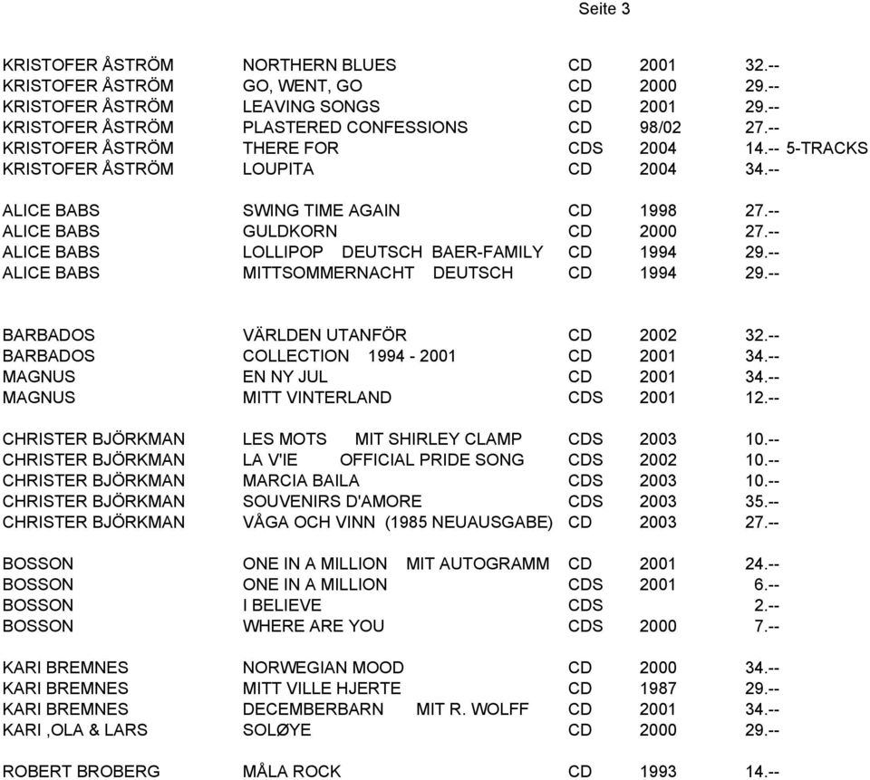 -- ALICE BABS LOLLIPOP DEUTSCH BAER-FAMILY CD 1994 29.-- ALICE BABS MITTSOMMERNACHT DEUTSCH CD 1994 29.-- BARBADOS VÄRLDEN UTANFÖR CD 2002 32.-- BARBADOS COLLECTION 1994-2001 CD 2001 34.