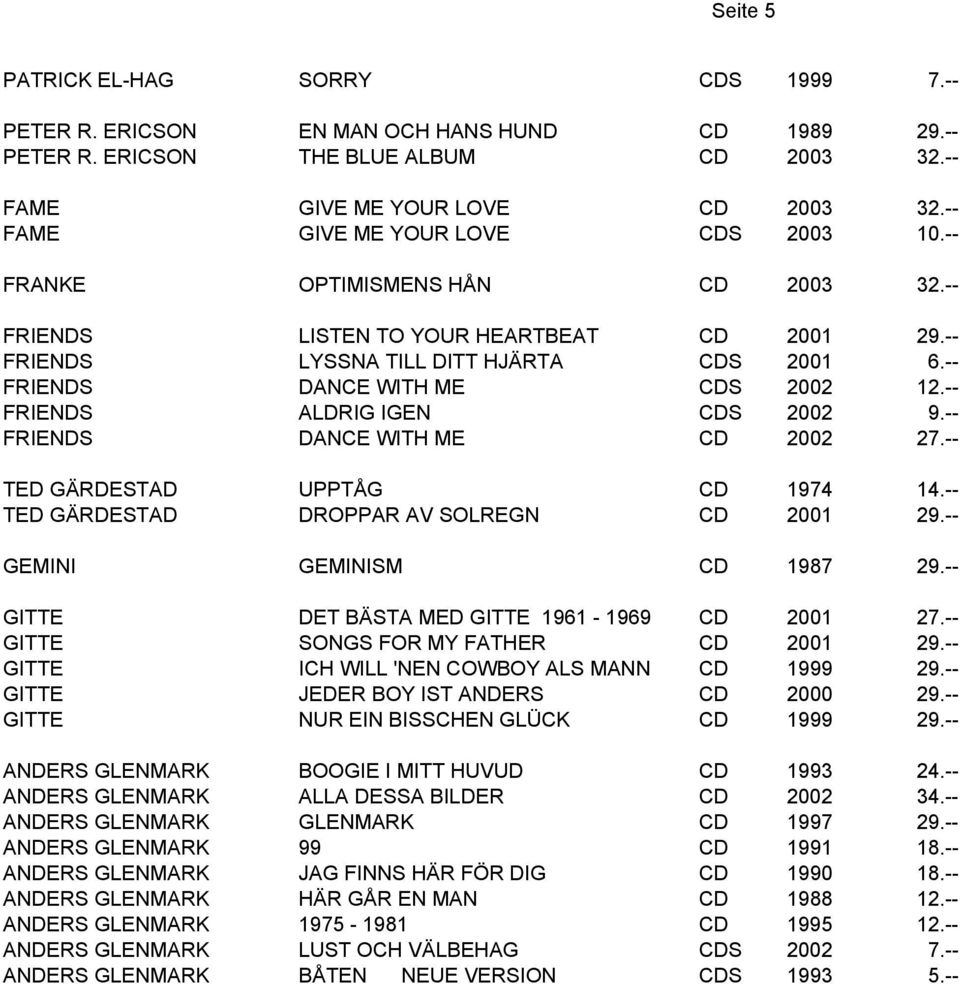 -- FRIENDS DANCE WITH ME CDS 2002 12.-- FRIENDS ALDRIG IGEN CDS 2002 9.-- FRIENDS DANCE WITH ME CD 2002 27.-- TED GÄRDESTAD UPPTÅG CD 1974 14.-- TED GÄRDESTAD DROPPAR AV SOLREGN CD 2001 29.