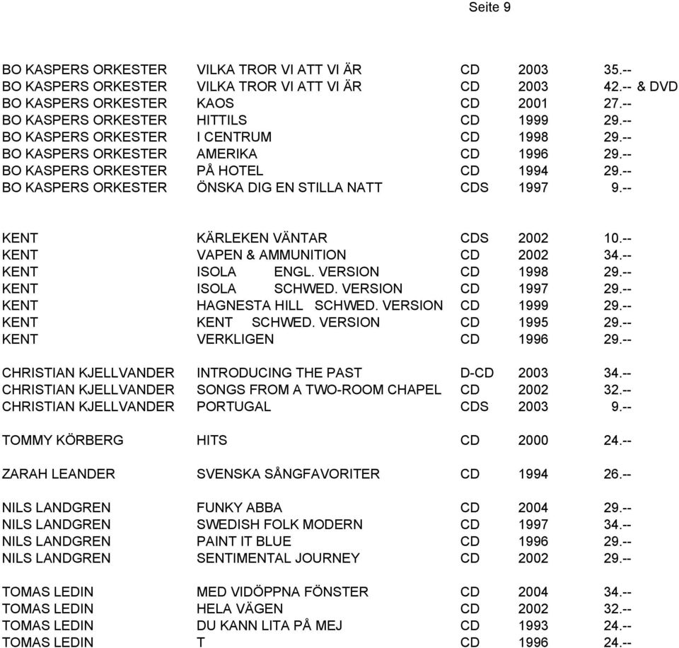 -- BO KASPERS ORKESTER ÖNSKA DIG EN STILLA NATT CDS 1997 9.-- KENT KÄRLEKEN VÄNTAR CDS 2002 10.-- KENT VAPEN & AMMUNITION CD 2002 34.-- KENT ISOLA ENGL. VERSION CD 1998 29.-- KENT ISOLA SCHWED.