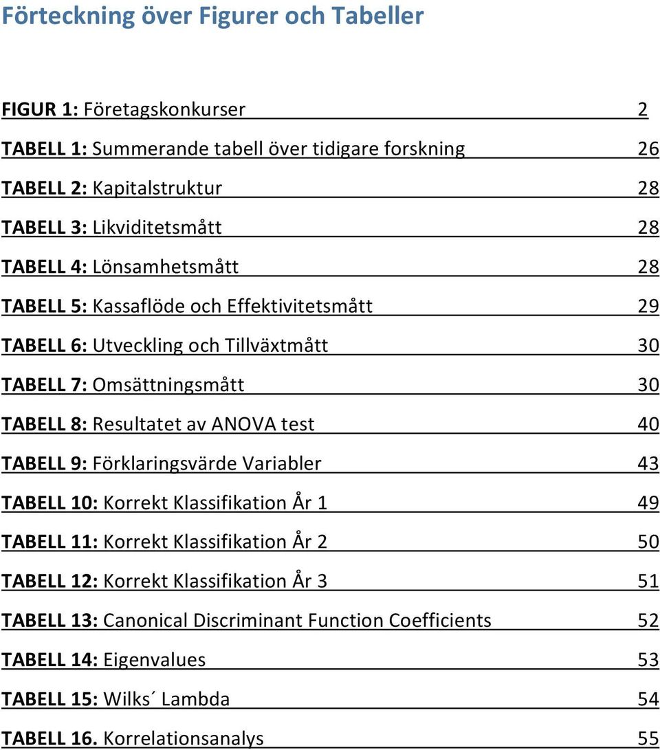 TABELL7:Omsättningsmått 30 TABELL8:ResultatetavANOVAtest 40 TABELL9:FörklaringsvärdeVariabler 43 TABELL10:KorrektKlassifikationÅr1 49