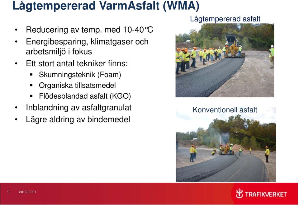 tekniker finns: Skumningsteknik (Foam) Organiska tillsatsmedel Flödesblandad asfalt