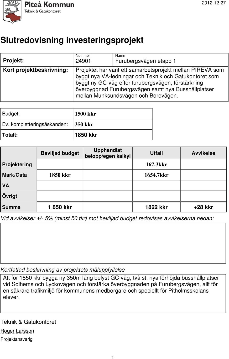 7kkr VA Övrigt Summa 850 kkr 822 kkr +28 kkr Kortfattad beskrivning av projektets måluppfyllelse Att för 850 kkr bygga ny 350m lång belyst GC-väg, två st.