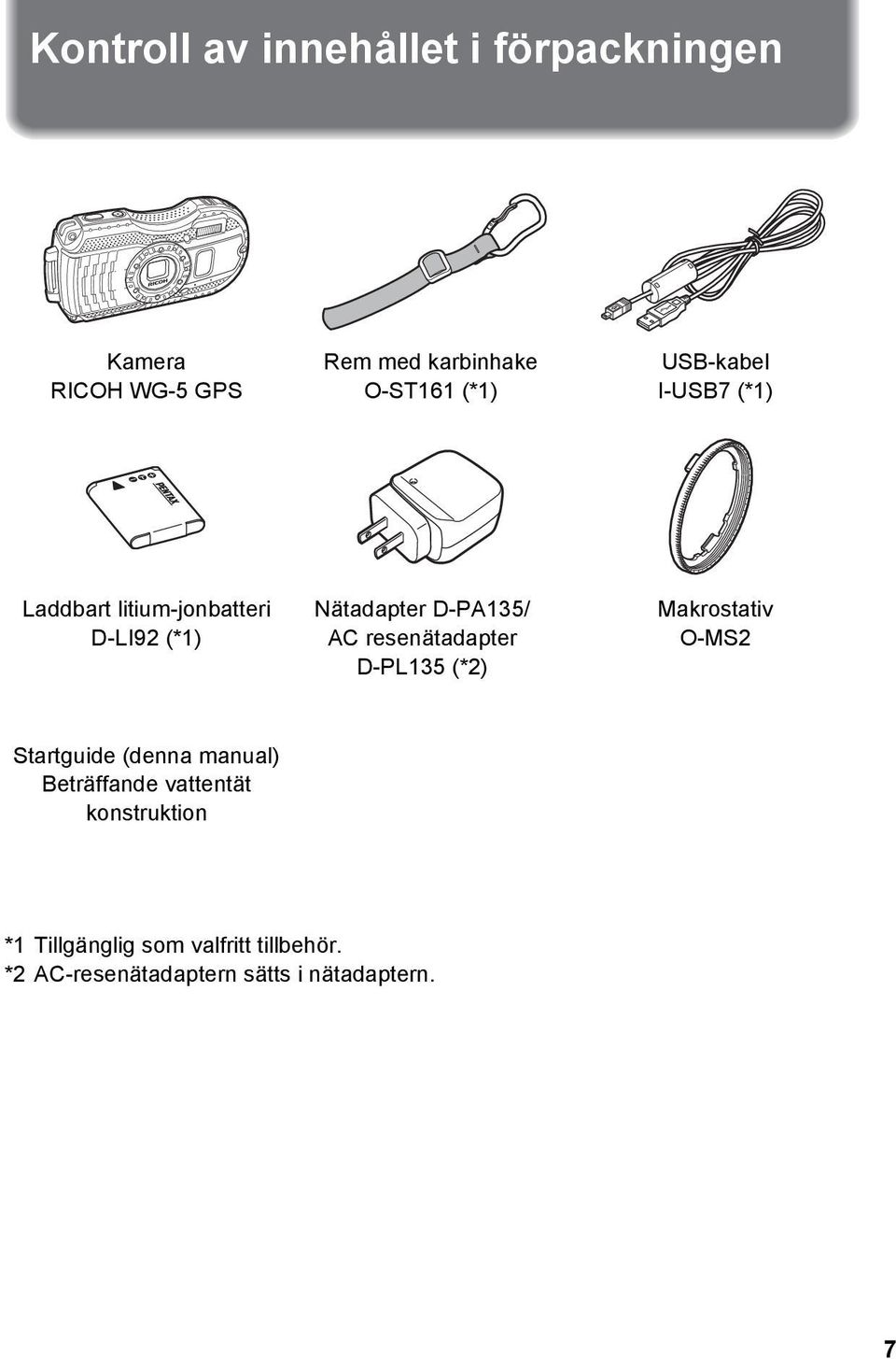 resenätadapter D-PL135 (*2) Makrostativ O-MS2 Startguide (denna manual) Beträffande