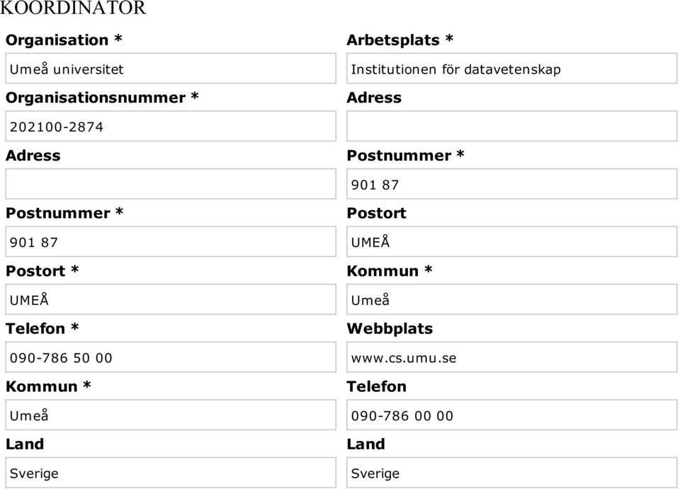 Land Sverige Arbetsplats * Institutionen för datavetenskap Adress Postnummer * 901