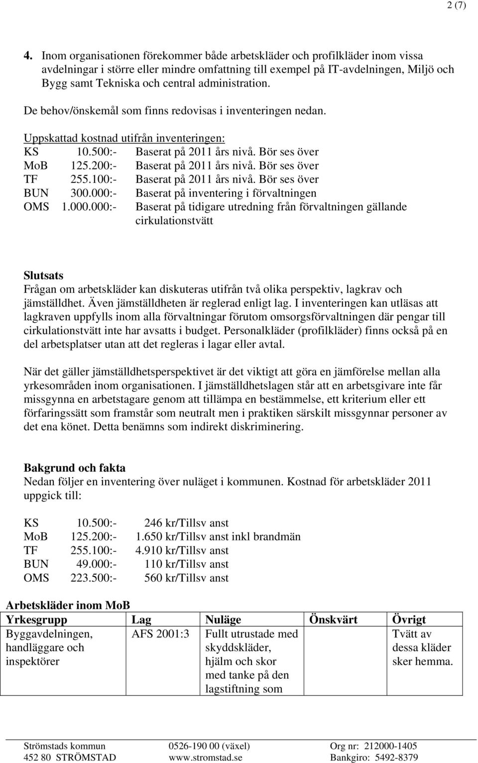 administration. De behov/önskemål som finns redovisas i inventeringen nedan. Uppskattad kostnad utifrån inventeringen: KS 10.500:- Baserat på 2011 års nivå. Bör ses över MoB 125.