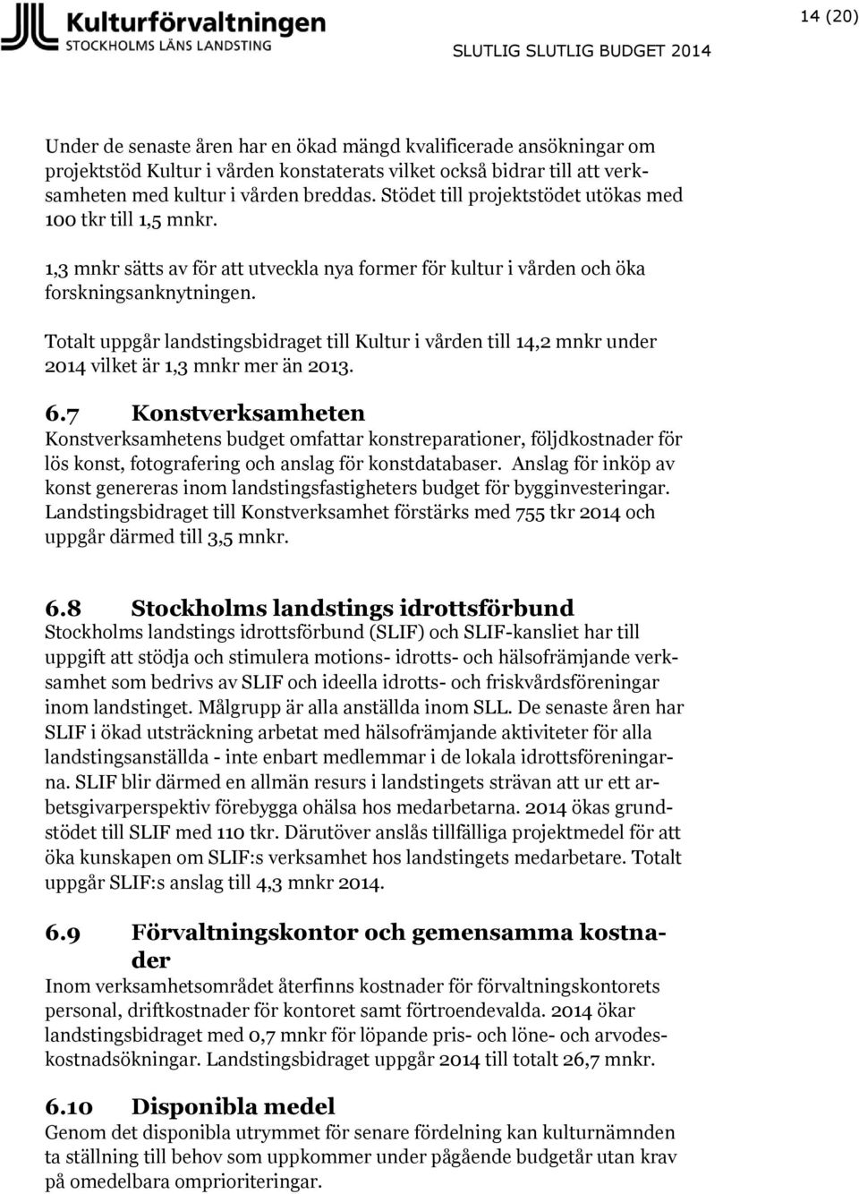 Totalt uppgår landstingsbidraget till Kultur i vården till 14,2 mnkr under 2014 vilket är 1,3 mnkr mer än 2013. 6.