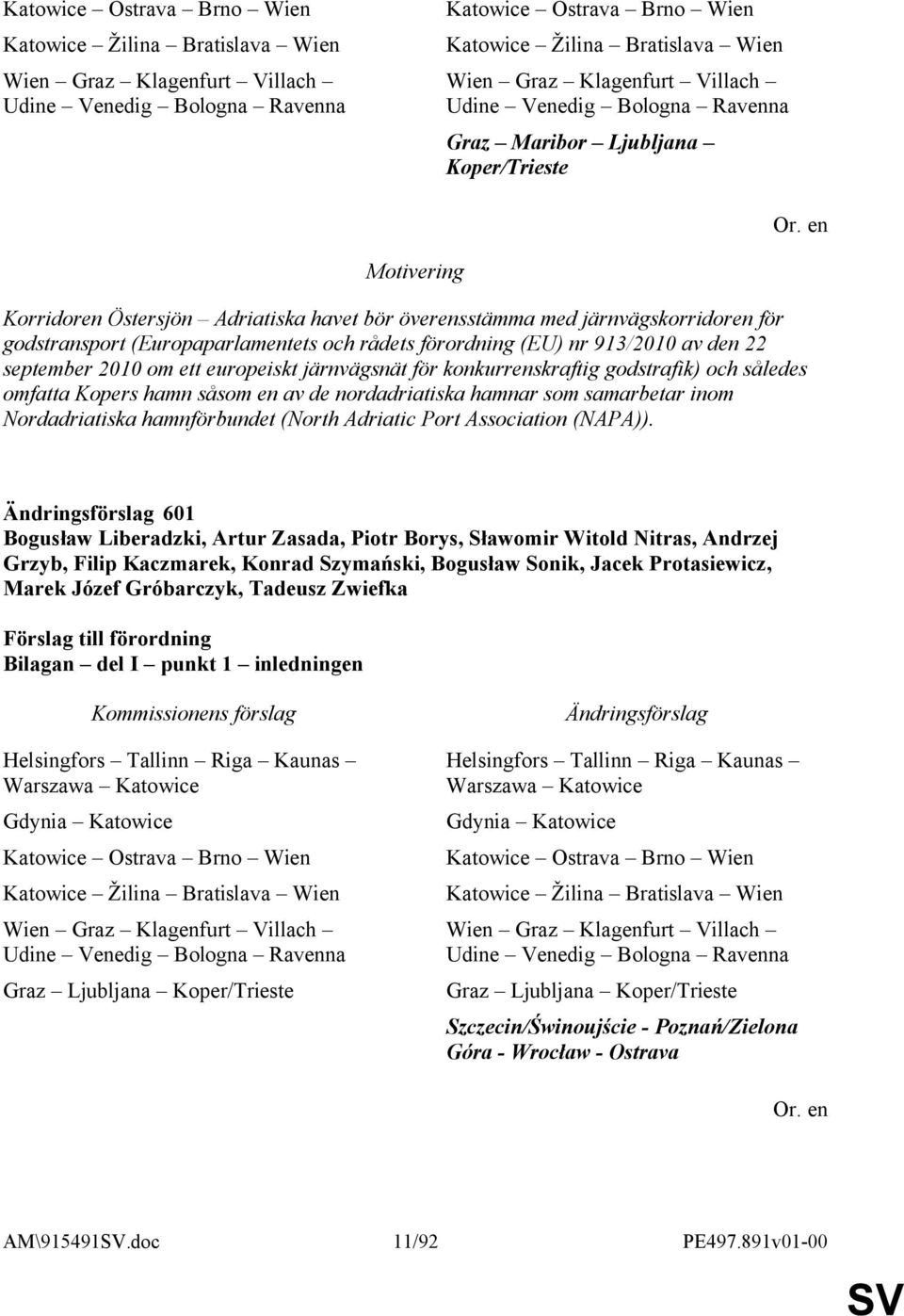 rådets förordning (EU) nr 913/2010 av den 22 september 2010 om ett europeiskt järnvägsnät för konkurrenskraftig godstrafik) och således omfatta Kopers hamn såsom en av de nordadriatiska hamnar som