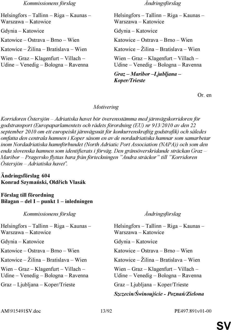 Koper/Trieste Korridoren Östersjön Adriatiska havet bör överensstämma med järnvägskorridoren för godstransport (Europaparlamentets och rådets förordning (EU) nr 913/2010 av den 22 september 2010 om