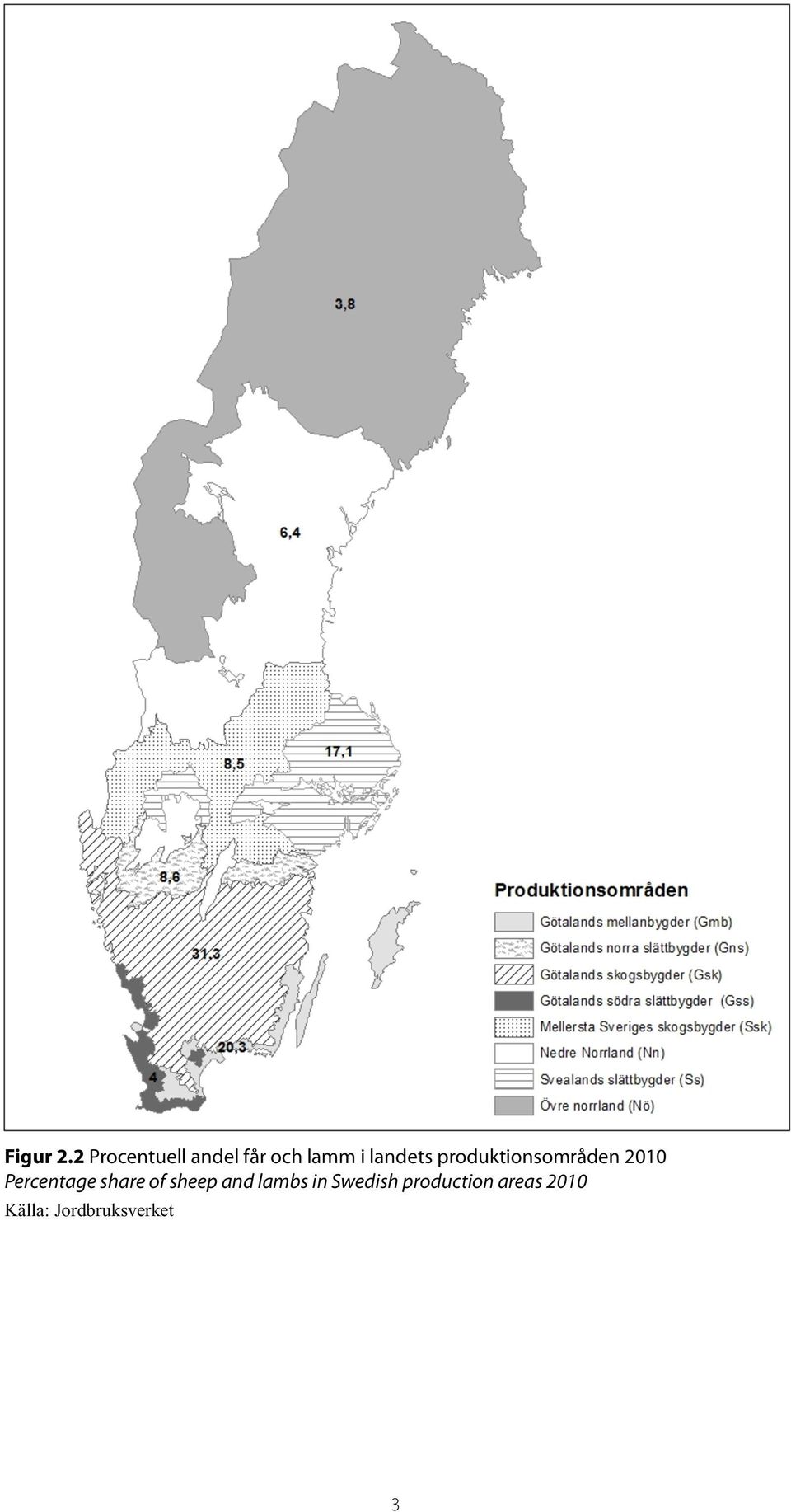 of sheep and lambs in Swedish production areas 2010 Percentage share of sheep and