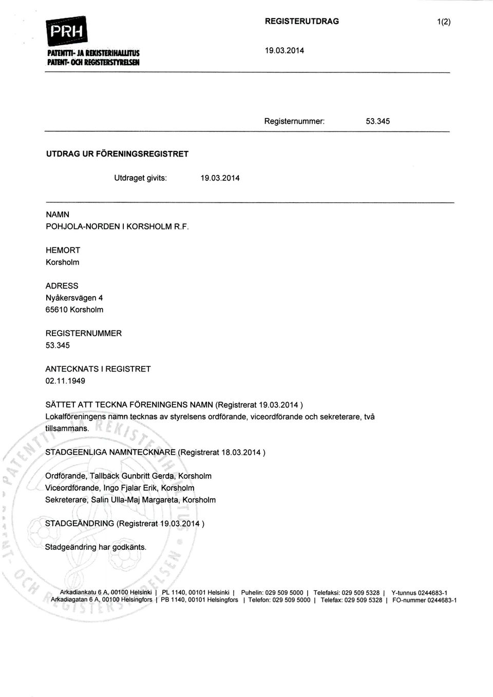 1949 SATTET ATT TECKNA FORENINGENS NAMN (Registrerat ) Lokalf6reningens namn tecknas av styrelsens ordforande, viceordforande och sekreterare, tva tillsammans.