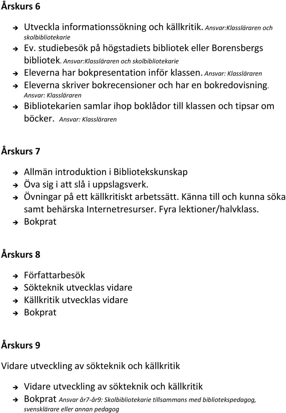 Ansvar: Klassläraren Bibliotekarien samlar ihop boklådor till klassen och tipsar om böcker. Ansvar: Klassläraren Årskurs 7 Allmän introduktion i Bibliotekskunskap Öva sig i att slå i uppslagsverk.