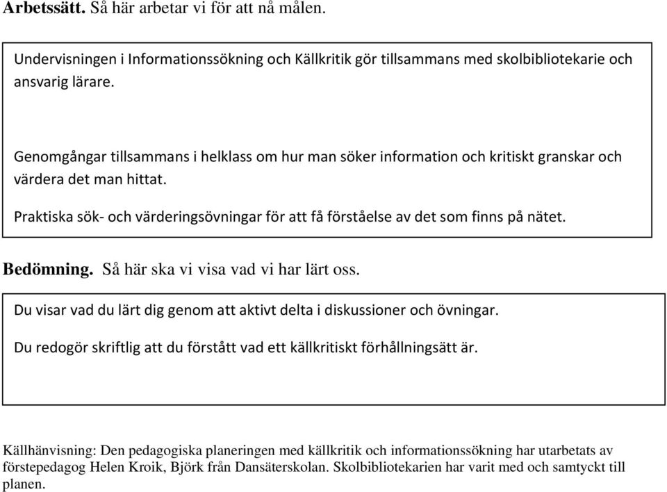 Praktiska sök och värderingsövningar för att få förståelse av det som finns på nätet. Bedömning. Så här ska vi visa vad vi har lärt oss.