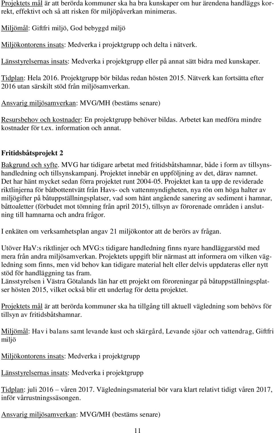 Tidplan: Hela 2016. Projektgrupp bör bildas redan hösten 2015. Nätverk kan fortsätta efter 2016 utan särskilt stöd från miljösamverkan.