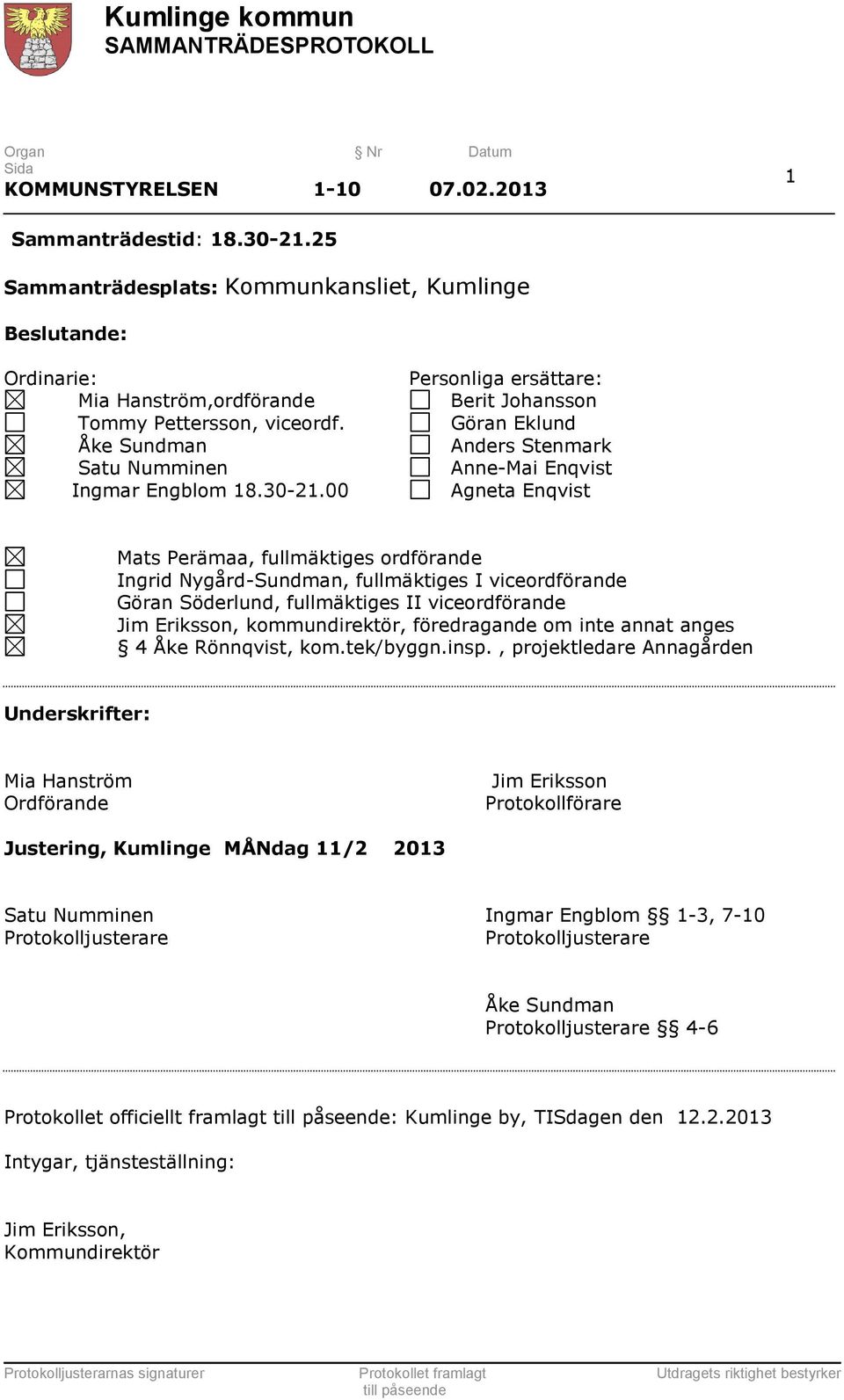 00 Personliga ersättare: Berit Johansson Göran Eklund Anders Stenmark Anne-Mai Enqvist Agneta Enqvist Mats Perämaa, fullmäktiges ordförande Ingrid Nygård-Sundman, fullmäktiges I viceordförande Göran